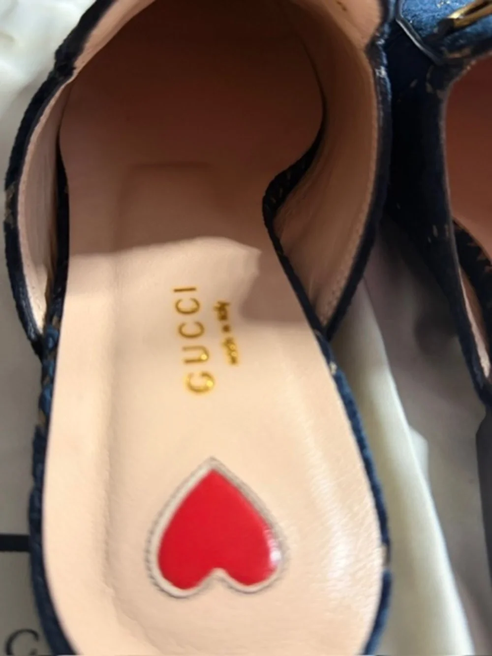 Gucci Navy Velvet GG Logo Backless Loafers with Gold Horsebit